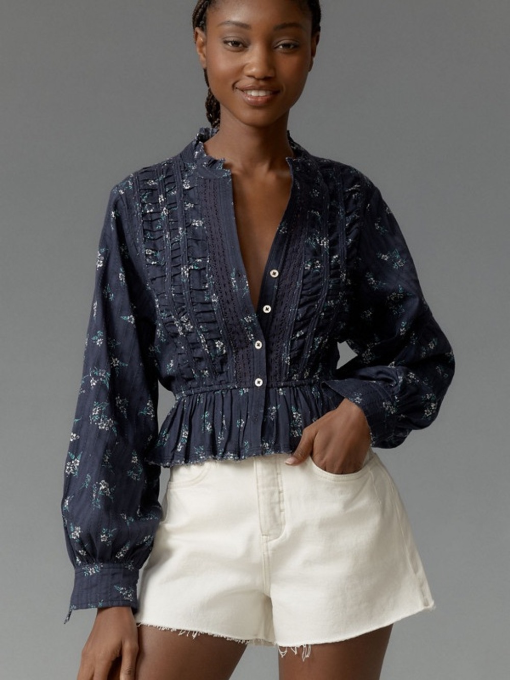 Pilcro Navy Floral Ruffle Peplum Blouse Top Size S